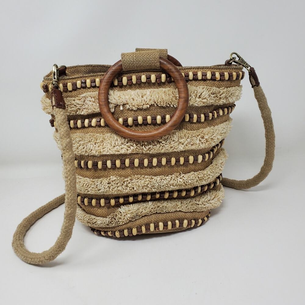 Lucky Brand Brown and tan Raffia Wooden top handle tote bag with crossbody strap